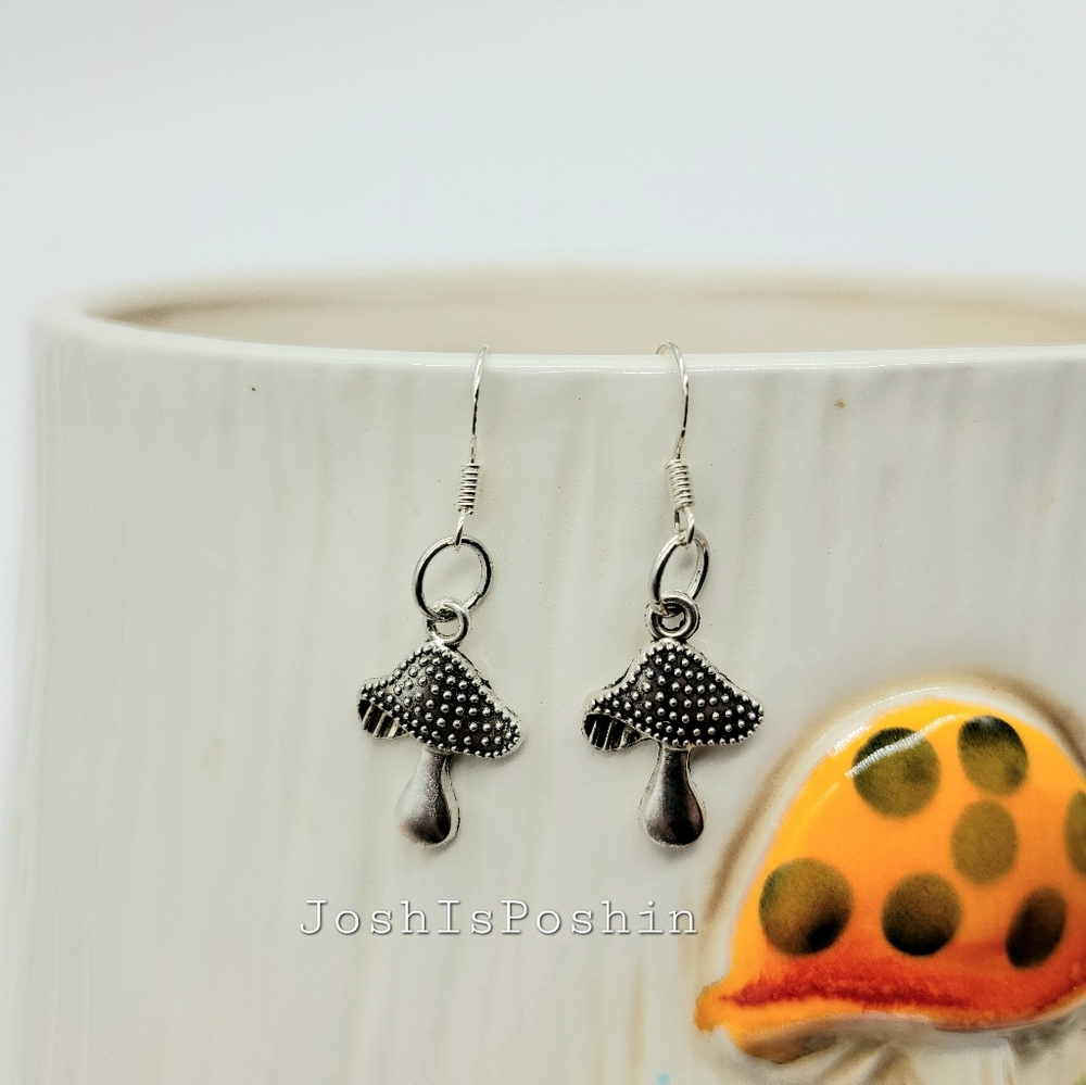 Silver handmade mushroom french hook earrings